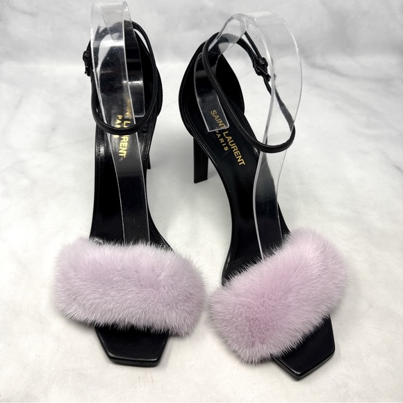 Saint Laurent Bea Mink Fur Leather Square Toe Ankle Strap Stiletto Sandal Heels - Picture 2 of 16